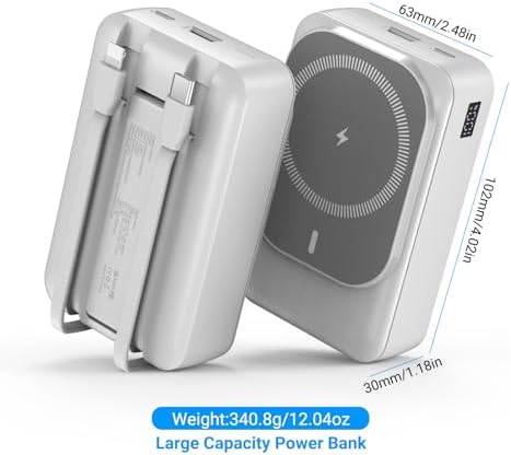 26800 m Ah Magnetic Wireless Power Bank with PD 22.5 W Fast Charging – Multi-Device Portable Charger for i Phone 16/15/14/13/12 Series – Built-in Cables, Kickstand, LED Power Indicator – Universal Compatibility for Smartphones and Tablets – Safe, Efficient Charging Solution in Sleek White Finish