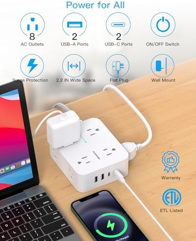 HANYCONY 15 Ft Extension Cord Power Strip with 8 AC Outlets & 4 USB Ports (2 USB-C) – 1080 J Surge Protector for Enhanced Safety, Wall Mountable Desk Charging Station for Home Office & College Dorm Essentials