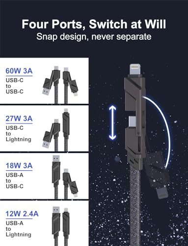 Ultimate 4-in-1 USB C and Lightning Cable – 10 Ft Flat Braided Charging Cord with 60 W Fast Charging, MFi Certified Compatibility for i Phone, i Pad, Mac Book, Samsung – Perfect for Apple Car Play & Android Auto Integration – Enhanced Durability and Versatility for Seamless Data Sync and Power Delivery