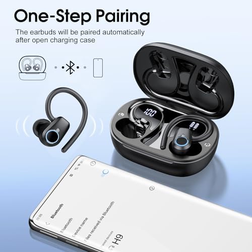 Poounur Bluetooth 5.3 Wireless Sport Earbuds – 50 Hours Playtime, IP7 Waterproof, Noise-Cancelling Headphones with Earhooks and Dual LED Display for Ultimate Comfort and Sound Quality – Perfect for Active Lifestyles and Outdoor Adventures