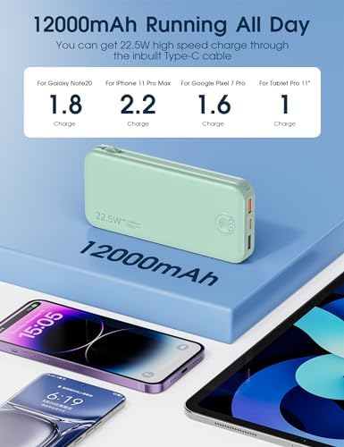 Ultra-Fast Charging Portable Power Bank with Built-In Cable and AC Plug – 12,000 m Ah USB C Travel Charger for i Phone and Android Devices – Lightweight, Compact Design for On-the-Go Power Solutions