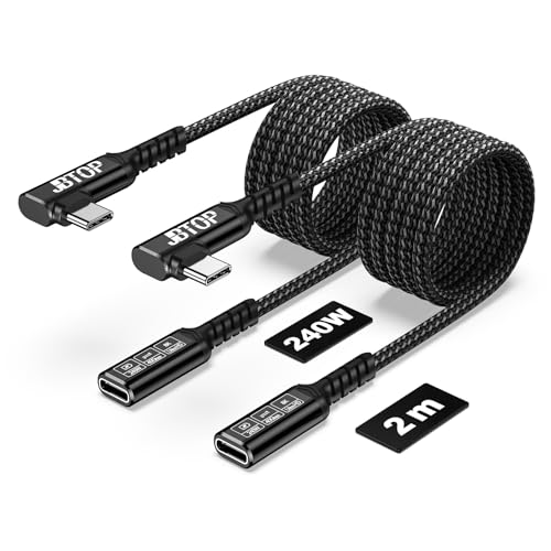 Innovative L-Shaped USB C Extension Cable (2 Pack, 6.6 Ft) – 240 W Power Delivery, 40 Gbps High-Speed Data Transfer, Durable Nylon Braided Design for i Phone 16, i Pad, Mac Book & Mag Safe – Optimal Flexibility for Tightly Spaced Connections