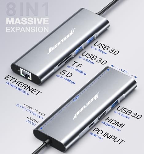 Revolutionize Your Connectivity with the Hiearcool 8-in-1 USB C Hub Ethernet – High-Speed 4 K@60 Hz HDMI, Dual USB 3.0 Ports & Gigabit Ethernet for Mac Book Pro/Air, i Pad, Dell, and Lenovo – Streamline Your Workspace with Effortless Multitasking and Enhanced Compatibility – Ultimate Portable Adapter for Professionals on the Go