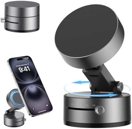 Electric Magnetic Car Phone Holder, 360 Rotation Vacuum Suction Cellphone Mount Foldable Car Mount Stand for iPhone12-16,Mirror/Glass/Screen/Smooth Surface (Not Charge Phone) – Enhanced Compatibility and Speed