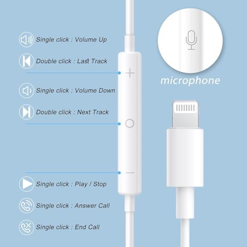 Premium Lightning Connector Earbuds for i Phone – Superior Sound & Hands-Free Calling with In-Line Mic & Volume Control – Officially Certified for i Phone 14/13/12/SE/11/XR/XS/X/7/7 Plus/8/8 Plus – Lightweight Design for Effortless Portability and Audio Management