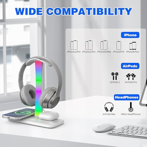 Multifunctional 5 in 1 Headphone Stand & 15 W Fast Wireless Charging Station – Sleek Organizer for i Phone 15/14/13/12/11/XS/XR/X & Air Pods 3/2/Pro/2 – Optimal Desk Solution for Gamers and Professionals – Durable, Clutter-Free Design in Elegant White
