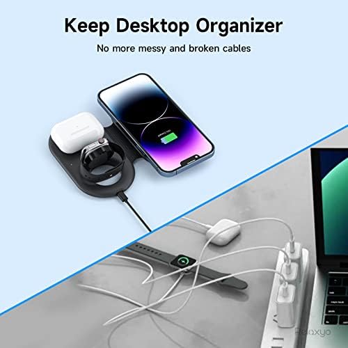 Efficient RELAXYO 3-in-1 Wireless Charging Station for i Phone 15-11, Apple Watch Series 9-4, and Air Pods 3/2/Pro – Fast, Compact Charger for Tech Enthusiasts & Travelers, Tidy Cable-Free Solution for Home and Office Use