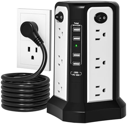 Maximize Power Distribution with the PASSUS Surge Protector Tower – 12 AC Outlets, 5 USB Ports Including 18 W USB C, 10 FT Extension Cord, Space-Saving Flat Plug, Overload Protection for Home and Office Use – Ideal for Multiple Devices and Rapid Charging Solutions