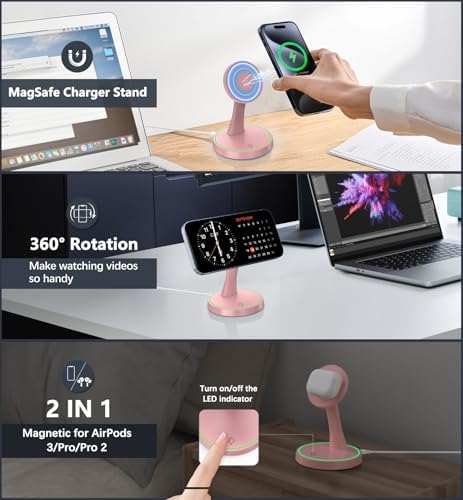 Efficient Magnetic Wireless Charging Stand – 15 W Fast Mag Safe Charger for i Phone 16 Series & Earlier, Sleep-Friendly Indicator Light, Sleek Design, Enhanced Compatibility & Quick Charge for Air Pods – Ultimate Cordless Convenience