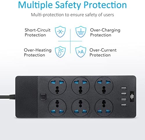 Jumpso 3000 W Universal Power Adapter with 4 Fast-Charging USB Ports (1 USB-C) – 6 ft Heavy-Duty Extension Cord for Global Travel & Home Office Use – Versatile Power Strip with International Outlets, Safe Overload Protection, and Sleek Design for Effortless Device Connectivity