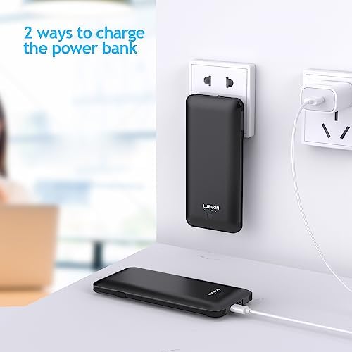 LURBON 10000 m Ah Slim Power Bank with Built-in AC Plug and USB-C Cable – Ultimate Portable Charger for Phones and Tablets, Enhanced Fast Charging for Travel and Everyday Use, Versatile Battery Pack with 3 Integrated Cables for Maximum Compatibility