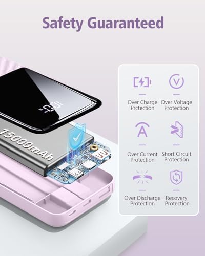 Ultimate 15000 m Ah Fast Charging Portable Power Bank – Compact USB-C & i OS Compatible Battery Pack for i Phone, Android, Samsung – Sleek Purple Design with Safety Features and LED Indicator for On-the-Go Charging