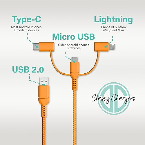 Versatile 3-in-1 Universal Charging Cable – 6 ft Nylon Braided Charger for i Phone, Android & More | Lightning, Type C & Micro USB Compatibility | Fast Charging Solution in Vibrant Tangerine for Ultimate Convenience and Style