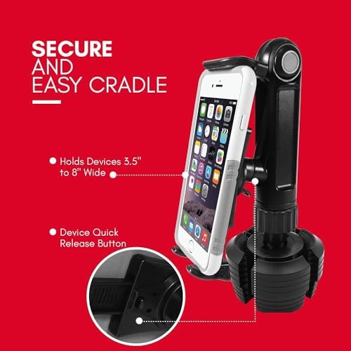 Macally Heavy-Duty Cup Holder Tablet Mount – Versatile i Pad and Tablet Holder for Cars, Trucks & Vehicles – Adjustable Design for 3.5″ to 8″ Devices with Case – 360-Degree Rotation for Optimal Viewing – Effortless Installation for Enhanced Road Safety and Hands-Free Use