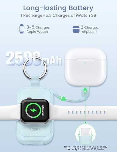 Compact RORRY 2500 m Ah Portable Charger for Apple Watch – Fast Charging Power Bank with Built-in USB-C Cable, Ideal Travel Companion for Series 10, 9, 8, 7, 6, 5, Ultra 2, and SE, Stylish Pink Design for On-the-Go Charging and Enhanced Device Compatibility