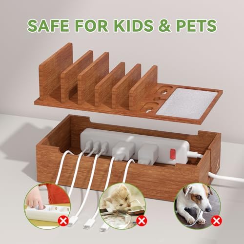 Pezin & Hulin Eco-Friendly Bamboo Cable Management Box – Sleek Desktop Organizer with 6 Cables for Tidy Charging Station, Stylish Wire Organizer for Electronic Devices, Enhances Workspace Efficiency and Aesthetics