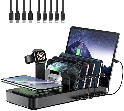 Ultimate 8-in-1 Wireless Charging Hub: Ultra-Fast 10 W Dock for i Phones, i Pads, Androids & More – Seamlessly Charge Multiple Devices with Dedicated Stands for Apple Watch & Air Pods – Includes 9 Versatile Cables for Maximum Compatibility – Stylish Black Design Perfect for Home and Office Organization