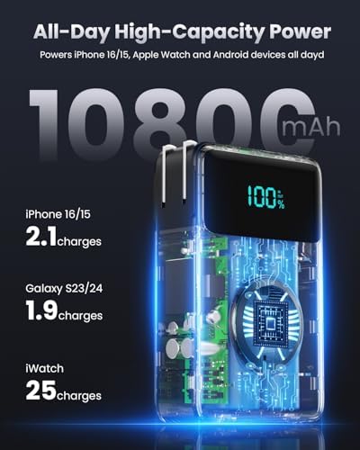 Versatile 4-in-1 Travel Charger with Integrated Wall Plug & USB-C Cables – 10800 m Ah Power Bank Featuring Magnetic Apple Watch Charging, QC4.0 & PD 25 W Fast Charging – Compact Solution for i Phone 16/15, Android Devices & More – Enhanced Portability & Smart Safety Features for On-the-Go Power