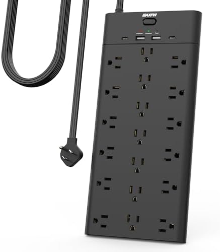 Ultimate Surge Protector Power Strip with 19 Outlets & 4 USB Ports – Heavy-Duty 6.5 Ft Extension Cord, 1875 W Power Capacity, 2100 Joules Surge Protection, Wall Mountable for Home, Office, and Gaming – Efficient Power Management Solution in Sleek Black Design
