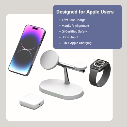 Nord Tech 3-in-1 Magnetic Wireless Charger – Streamlined Fast Charging Dock for i Phone, Air Pods & Apple Watch, 15 W Power Delivery, Minimalist White Design, Ideal Desk & Nightstand Accessory, Effortless Device Alignment, Standby Mode for Notifications, Enhanced Compatibility & Aesthetics