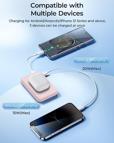 BENKS 10,000 m Ah Magnetic Power Bank – Ultra-Fast Wireless Charger for i Phone 15/14/13/12 Series, Mag Safe-Compatible, Sleek Pink Design with Dual 20 W USB-C Ports for Rapid Charging and Enhanced Portability