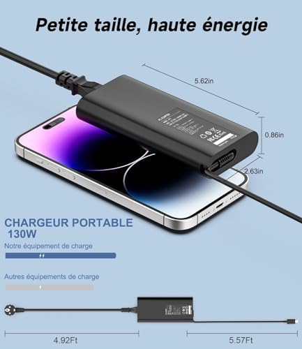 High-Power 130 W USB-C Charger for Dell Laptops – Fast Charge Your XPS 15, 17, Precision & Latitude Models with Ultimate Compatibility and Safety Assurance, Includes Power Supply Cord for Efficient Recharging