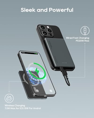 Ultra-Slim Kuulaa Mag Safe Battery Pack – 5,000 m Ah Power Bank for i Phone 15/14/13/12 Series – Magnetic Wireless Charger with PD 20 W Two-Way USB-C Fast Charging – Lightweight Grey Portable Power Solution for On-the-Go Charging