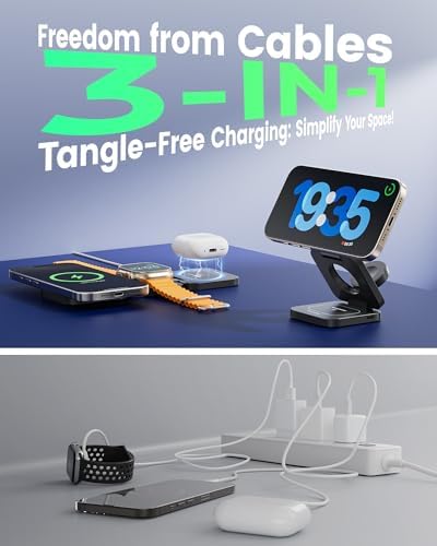 X55 Q 3-in-1 Magnetic Wireless Charging Station – 15 W Qi2 Fast Charger for i Phone 12-16, 5 W Apple Watch & Air Pods Pro Compatibility, Foldable Design with 45 W Adapter for Ultimate Portability and Efficiency – Elevate Your Charging Experience Today