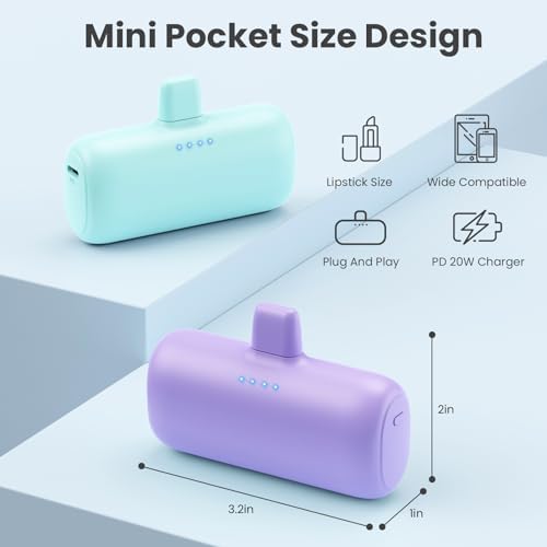 Ultra-Compact 2-Pack i Phone Power Bank – 5200 m Ah PD Fast Charging Mini Portable Charger for Travel – Cordless, Lightweight Battery Pack Compatible with i Phone 14/14 Pro/13/12/11/X/8/7/6 Plus – Essential Charging Solution for On-the-Go Lifestyles