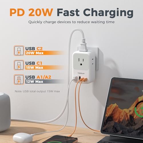 TESSAN 20 W USB-C Fast Charger Block – Compact Multi-Device Power Adapter with 4 AC Outlets & 4 USB Ports for Effortless Home, Office, and Travel Charging Solutions – Foldable Plug for Maximum Portability and Convenience