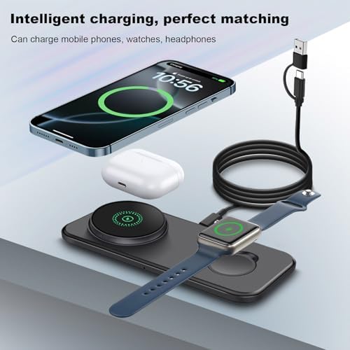 Revolutionary 2-in-1 Magnetic Wireless Charging Station for Apple Devices – Foldable and Portable Magsafe-Compatible Charger for i Phone 16/15/14/13/12 Series, Apple Watch Ultra/SE/10/9/8/7, and Air Pods – Enhanced Magnetic Alignment for Rapid Charging and Multi-Device Convenience – Ultimate Travel Companion for Tangle-Free Charging Solutions – Intelligent Safety Features for Over-Temperature and Battery Protection – Compact Design Perfect for Pocket or Backpack – Experience Seamless Charging with 360° Rotatable Stand – Includes USB-C Cable and User Manual for Effortless Setup – Elevate Your Charging Experience with Vnbbt’s Superior Technology and Customer Support.