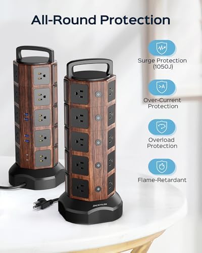 JACKYLED 20-Outlet Power Strip Tower Surge Protector with 6 Fast USB Ports – 1050 Joules Safety Shield, 13 A Desktop Charging Station with 6.5 ft Heavy-Duty Cord, Elegant Black Walnut Design for Home, Office & Garage Use – Ultimate Device Power Solution