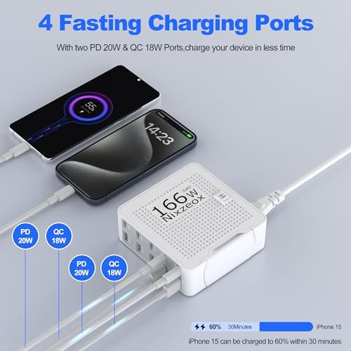 High-Speed 10-Port USB C Charging Station – 166 W Ga N Wall Charger with PD 20 W & QC 18 W for i Phone 15/14/13/12/11, i Pad, Samsung, Pixel 5 – Compact White-Silver Design for Universal Device Charging Convenience