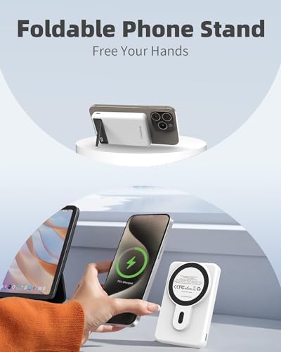 High-Capacity 10000 m Ah Magnetic Power Bank with Mag-Safe Technology – Wireless Portable Charger for i Phone 12/13/14/15/16 Pro & Max | Fast 22.5 W PD Charging, USB-C Connectivity, and Built-in Foldable Stand for Ultimate Convenience – Ideal for On-the-Go Power Solutions