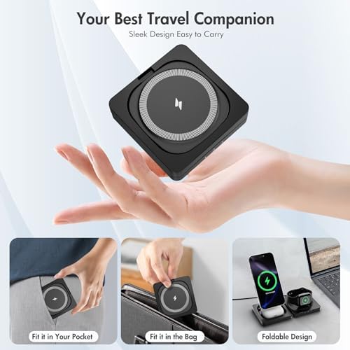 3-in-1 Magnetic Wireless Charger Station for i Phone 16, 15, 14, 13, 12 Pro Max, Apple Watch Series & Air Pods – Fast 15 W Charging Pad with Foldable Design for Ultimate Portability – Enhanced Magnetic Stability and Universal Compatibility (Black)