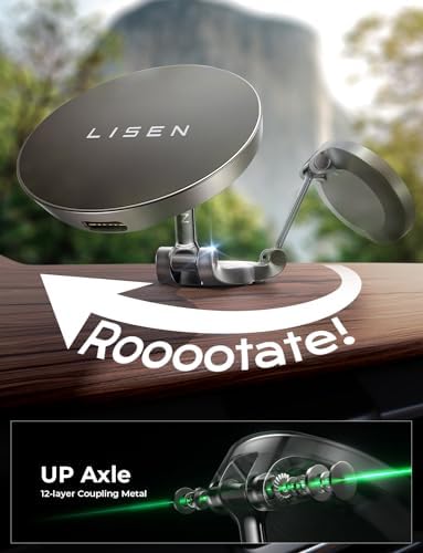 LISEN Mag Safe Car Charger for i Phone 15/14/16 Pro Max – 360° Rotating Wireless Mount with Powerful Magnetic Grip for Fast Charging – Sleek Black Dashboard Accessory for Effortless Navigation & On-the-Go Power Solutions