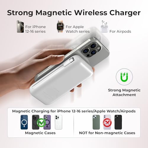 26800 m Ah Magnetic Portable Power Bank for i Phone & Android – 6-in-1 Wireless Charger with Built-in Cables for i Watch & Air Pods – Fast Charging Solution with Enhanced Safety Features – Compatible with All Major Devices (White)