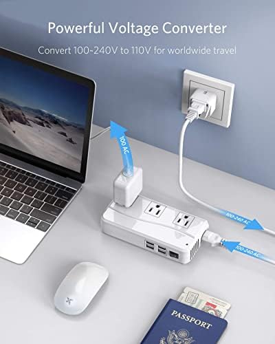 Global Voltage Converter and Travel Adapter – BESTEK 220 V to 110 V Power Transformer with Dual AC Outlets & 3 USB Ports (2 USB-C) – Essential for International Travel, Rapid Charging for Hair Tools & Electronics – Compact Design for Worldwide Compatibility