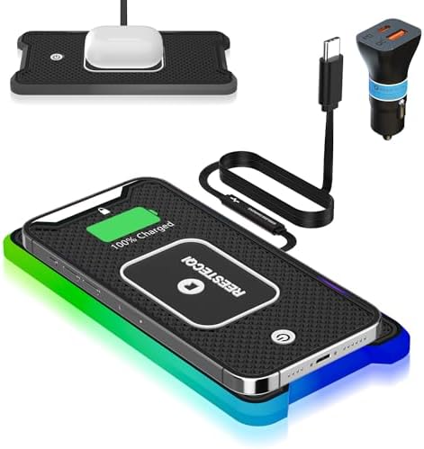 REESTECQI 15 W RGB Wireless Car Charger Pad – Fast Charging Non-Slip Mat for i Phone 12-16, Air Pods, Samsung & Google Devices with 30 CM Type C Cable – Stylish & Efficient On-the-Go Power Solution