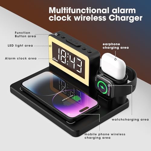 Revolutionize Your Charging Routine with the 7-in-1 Wireless Fast Charging Station – All-in-One Alarm Clock Dock for i Phone, Samsung Galaxy, Apple Watch & Air Pods – Enhanced Speed, Sleek Design, and Safety Features for Ultimate Convenience