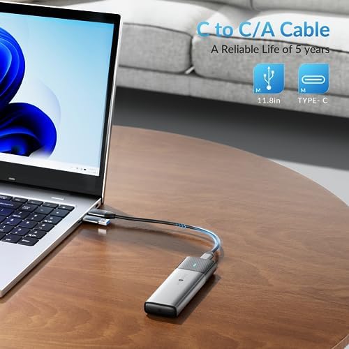 Tool-Free M.2 SSD Enclosure for NVMe & SATA Drives – Ultra-Fast USB C/USB A Adapter with 11.81-Inch Cable, Compact Aluminum Design for Enhanced Heat Dissipation and Compatibility with M-Key/B+M Key – Ideal for Gamers and Content Creators
