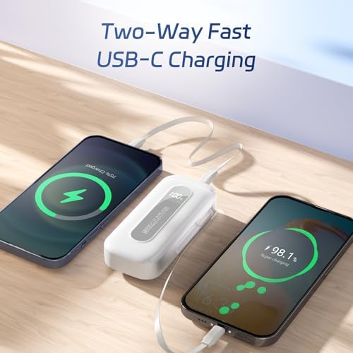 Compact 10,000 m Ah Power Bank with Retractable USB-C Cable – 30 W Fast Charging Portable Charger for i Phone 15/16, Galaxy, and i Pad – Smart LED Display for Travel Convenience and Enhanced Compatibility