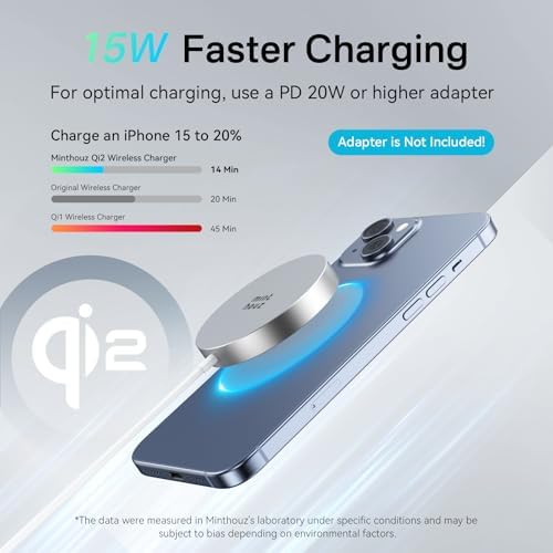Minthouz Qi2 Magnetic Wireless Charger – 15 W Fast Charging for i Phone 16/15/14/13/12 Series & Air Pods, Sleek Magnetic Charging Pad for Qi-Enabled Devices, Effortless Power Boosts & Streamlined Design, Perfect for Home & Travel, No Adapter Required, Modern Black Finish