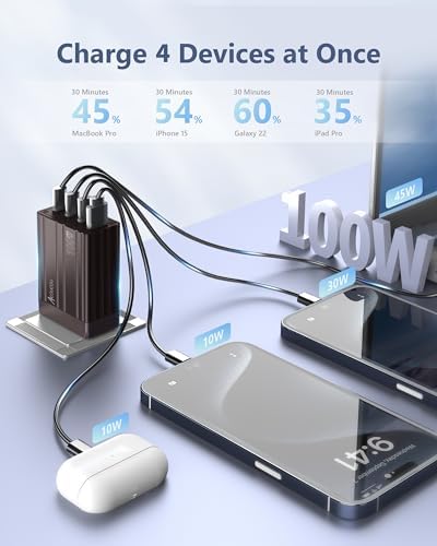 Acacou 100 W 4-Port USB-C Fast Charger – Ga N Technology for Ultimate Device Compatibility in Dark Bronze – Rapid Charging for Mac Book Pro/Air, Google Pixelbook, Dell XPS, i Pad Pro, Galaxy S23/S22, i Phone 15/14/Pro – Compact, Efficient Power Solution for Home and Office