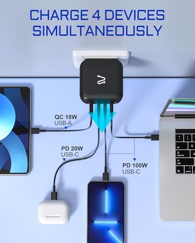 Ultra-Fast 100 W Ga N Wall Charger – 4-Port USB-C Power Adapter for Simultaneous Device Charging, Compact and Foldable Design, Compatible with Mac Book Pro, i Pad Pro, i Phone 14, Galaxy S9, and More – Efficient Power Solution for Home and Travel