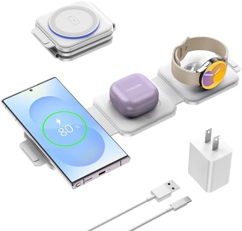 Ultimate Travel Charger for Samsung Devices – 3-in-1 Wireless Charging Station with Foldable Design for Fast Charging Galaxy S Series, Galaxy Watch & Galaxy Buds – Enhanced Portability and Intelligent Safety Features