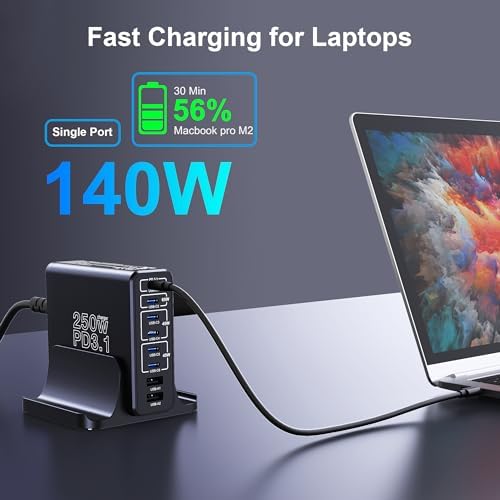 Aftertop 250 W Ga N USB C Charging Station – 8-Port PD3.1 Fast Charger for Laptops & Mobile Devices – Compact Multi-Device Power Hub for Mac Book, i Phone 15/16 Pro Max, Galaxy S24/S23 Ultra, Pixel & More – Ultimate Efficiency & Safety Features