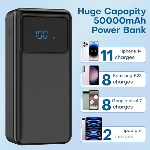 Ultra High-Capacity 50000 m Ah Power Bank with 5 Outputs & 3 Inputs – Fast Charging Portable Charger with 22.5 W USB-C Technology and LED Display for i Phone, Samsung, Android & More – Ultimate Multi-Device Power Solution for On-the-Go Charging