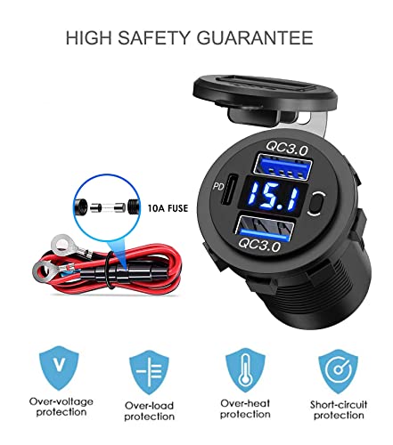 High-Performance 12 V Dual USB Car Charger with Quick Charge 3.0 and USB-C Port – Compact Voltmeter & Power Switch for Enhanced Safety in Cars, Boats, and Trucks – 2 Pack for Fast and Versatile Charging Solutions
