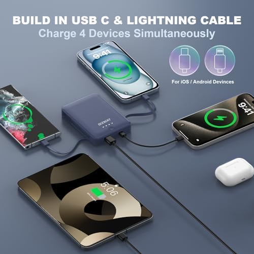 Compact 10,000 m Ah Fast Charging Power Bank with Integrated USB-C & Lightning Cables – Ultra Slim Travel Charger for i Phone 11-16 and Android Devices – Lightweight Design with 4 Simultaneous Outputs – Complete Charging Bundle with Wall Adapter & Organizer for Effortless Portability